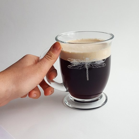 Dragonfly 16oz Glass Coffee Mug, Engraved Tea Cup - Picture 2 of 4